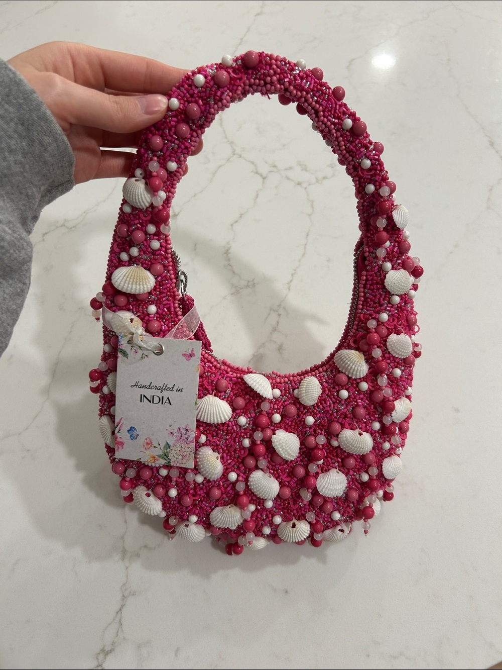 Hot Pink Beaded Shell Accent Shoulder Bag - Women Jewelry Accessory
